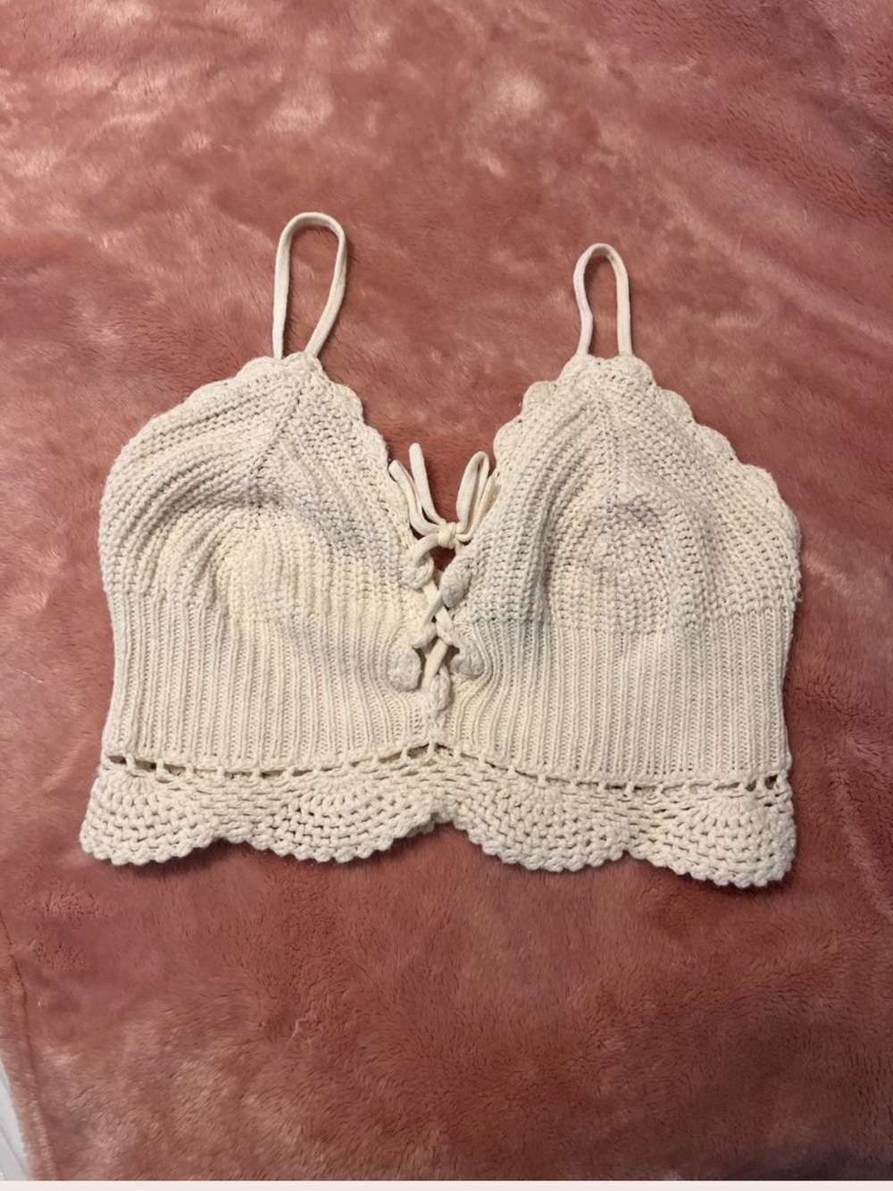 Kendall & Kylie Cream Crochet Lace-Up Bralette